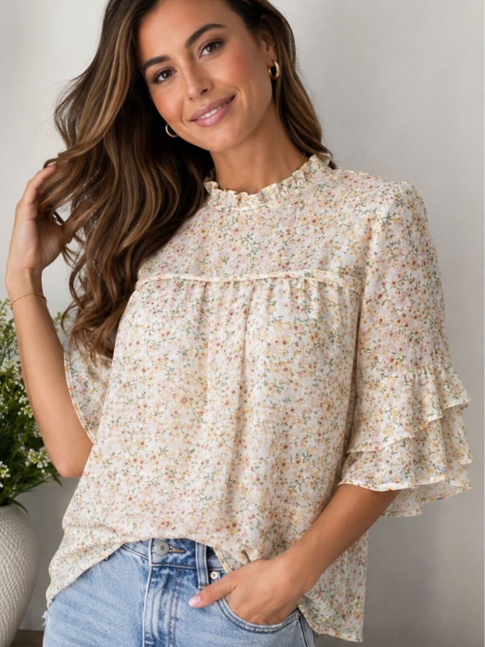 Monteau Los Angeles Floral Ruffle Sleeve Blouse Size Large